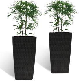 Square Planter for Indoor or Outdoor Use, 22-Inch High Faux Rattan Design Flower Pot with Automatic Watering System for Porch, Patio, Backyard