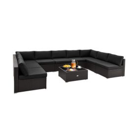 10 Piece Outdoor Wicker Conversation Set with Seat and Back Cushions-Beige