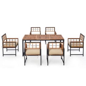 7 Pieces Patio Acacia Wood Dining Set with Soft Cushions and Umbrella Hole-Natural