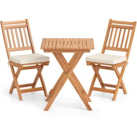 Outdoor Wood Bistro Set with Soft Seat Cushions and Table-White