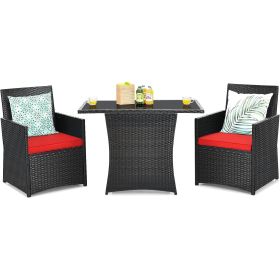 3-Piece Patio Furniture Outdoor Dining Set in Brown PE Rattan with Red Cushions